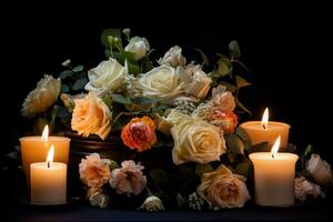 magnifique fleurs et bougies sur noir arrière-plan.funérailles concept ai généré photo