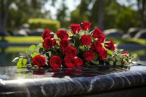 rouge des roses sur noir granit pierre tombale dans le parc, funéraire concept ai généré photo