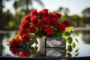 rouge des roses sur noir granit pierre tombale dans le parc, funéraire concept ai généré photo