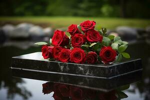 rouge des roses sur noir granit pierre tombale dans le parc, funéraire concept ai généré photo