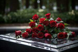 rouge des roses sur noir granit pierre tombale dans le parc, funéraire concept ai généré photo