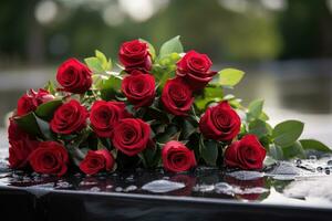 rouge des roses sur noir granit pierre tombale dans le parc, funéraire concept ai généré photo