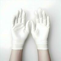 mains dans blanc caoutchouc gants sur une blanc Contexte. haute résolution. ai génératif photo