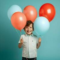 une content 7 ans garçon détient coloré hélium des ballons avec minimalisme. haute résolution. ai génératif photo