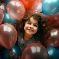 content 6 ans fille avec hélium des ballons. haute résolution. ai génératif photo