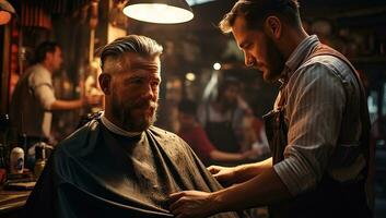 ancien coiffeur magasin avec client. ai généré. photo