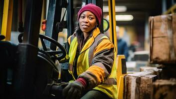 Jeune africain américain femme travail sur chariot élévateur un camion à entrepôt. ai généré. photo