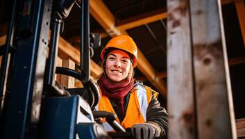 portrait de une Jeune femme travail sur une chariot élévateur à une construction placer. ai généré. photo