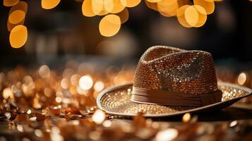 aux femmes chapeau avec d'or paillettes sur une Contexte de d'or bokeh. ai généré. photo