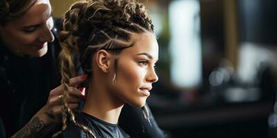 africain américain femme dans coiffeur salon. ai généré. photo