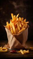 français frites dans une papier sac sur une en bois table généré avec ai photo