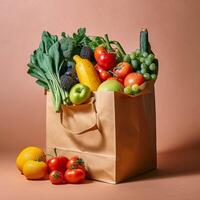 une papier sac rempli avec Frais des fruits et des légumes généré avec ai photo