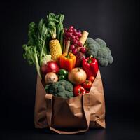 une papier sac rempli avec Frais des fruits et des légumes généré avec ai photo