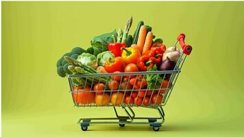 une achats Chariot plein de Frais des fruits et des légumes généré avec ai photo