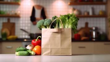 une papier sac rempli avec Frais des fruits et des légumes généré avec ai photo