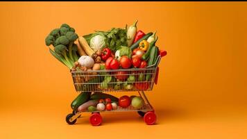 une achats Chariot plein de Frais des fruits et des légumes généré avec ai photo