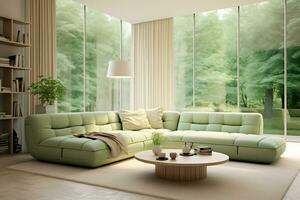 lumière vivant pièce pastel vert Couleur avec gros canapé et les fenêtres. moderne pièce intérieur. ai génératif photo
