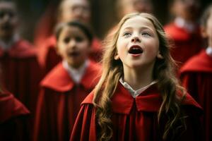 en chantant chorale enfant dans rouge vêtements. produire ai photo