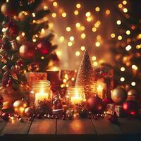 ai génératif Noël décoration avec brûlant bougies, pain d'épice loger, Noël arbre et bokeh Contexte. photo