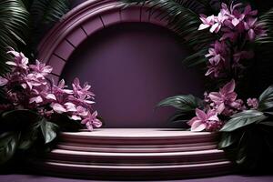 3d rendre de violet Contexte avec tropical feuilles et podiums, 8k par génératif ai photo