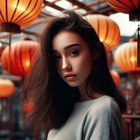 ai génératif mode intérieur photo de magnifique sensuel femme avec foncé cheveux dans élégant vêtements