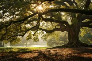 vieux chêne arbre feuillage dans Matin lumière, majestueux la nature la photographie. ai génératif photo