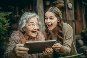 fille enseigner mère à utilisation tablette jeu. produire ai photo