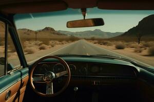 ancien voiture intérieur sur désert route. produire ai photo