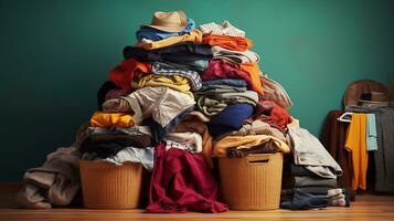 pile de vêtements dans une panier sur en bois sol contre vert mur. ai généré photo