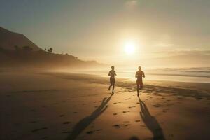 les athlètes le jogging dans Matin mer soleil. produire ai photo