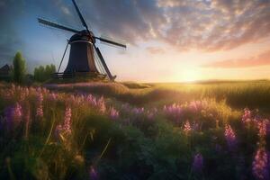 Pays-Bas Moulin à vent beauté le coucher du soleil. produire ai photo