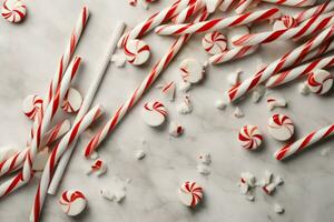 Noël écrasé des sucreries sur blanc surface. produire ai photo