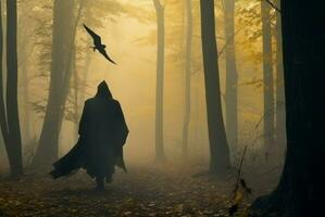 foncé sinistre ange des promenades dans mystique forêt. produire ai photo