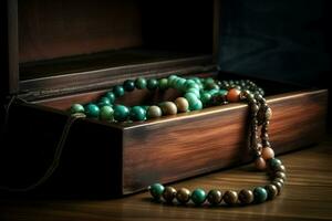 Collier en bois boîte sur tableau. produire ai photo