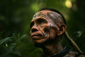 tatoué tribu homme forêt tir. produire ai photo