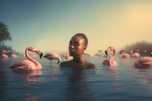 noir femme nager avec des flamants roses. produire ai photo
