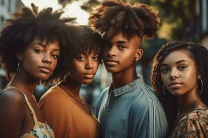 groupe de adolescent noir copains Extérieur parc photo. produire ai photo