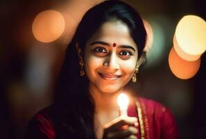 Indien marié femme souriant avec brûlant bougie. produire ai photo