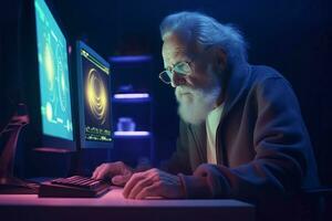 vieux homme en retard en jouant ordinateur néon lumières. produire ai photo