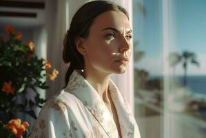 femme dans peignoir de bain à balcon dans lumière du soleil. produire ai photo