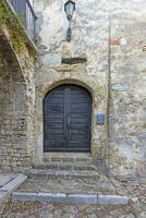 image de une marron entrée porte à une Résidentiel bâtiment avec un antique façade photo