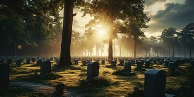 une cimetière pour le mort avec Lignes de sacré pierres tombales. chaque signe raconte une histoire. le concept de le héritage de ceux perdu dans guerre par génératif ai. photo