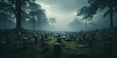 une cimetière pour le mort avec Lignes de sacré pierres tombales. chaque signe raconte une histoire. le concept de le héritage de ceux perdu dans guerre par génératif ai. photo