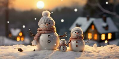 une mignonne souriant bonhomme de neige dans le le plus gros de le neige avec une Contexte. bokeh une Noël arbre et maison le Montagne. c'est une flou Contexte. génératif ai photo