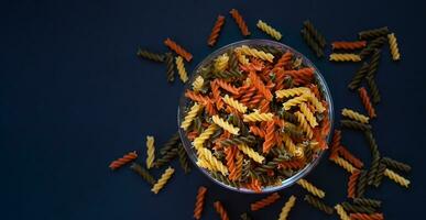 tricolore biologique fusilli pâte dans verre bol sur foncé Contexte. Haut voir. proche en haut. copie espace. sélectif se concentrer. photo