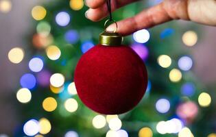 une femme mains tenir une Noël rouge Balle pour Noël arbre décoration. de fête ambiance. fermer. sélectif se concentrer. photo