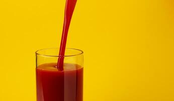 tomate jus verser dans verre, isolé sur Jaune Contexte photo