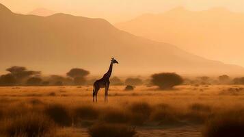 une girafe permanent dans le milieu de savane Afrique. ai généré photo