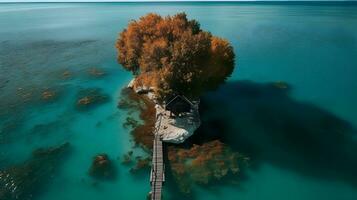 une petit île avec une maison en dessous de le arbre avec bleu l'eau océan et aérien voir. ai généré. photo