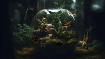 une sphère verre terrarium dans une gros carré terrarium aquarium. ai généré. photo